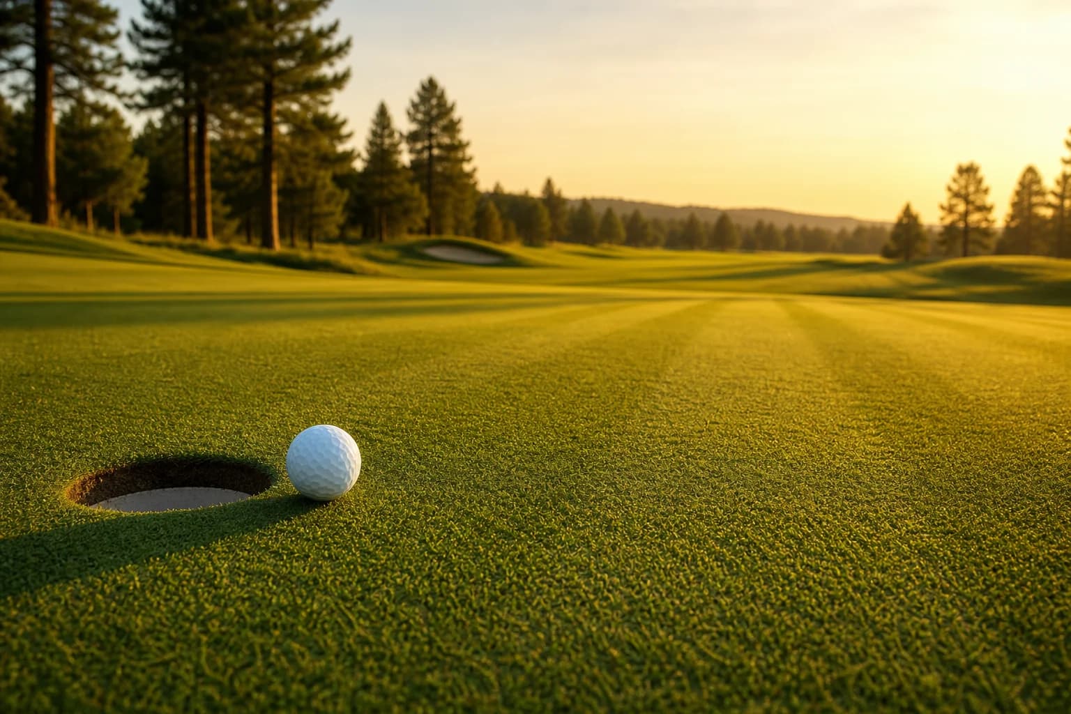 Golden-hour light raking across a manicured putting green